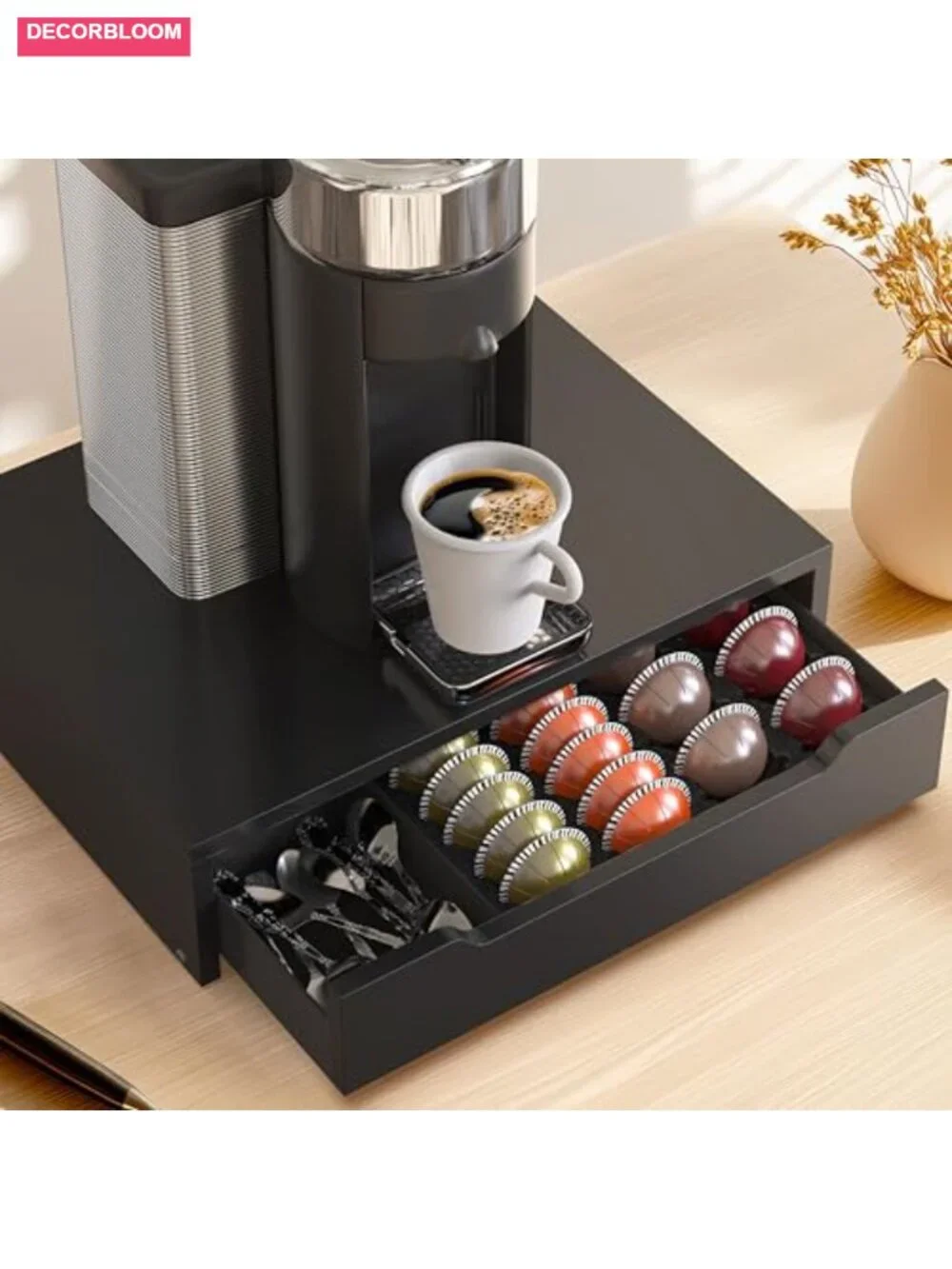 Vertuoline Pod Holder Drawer with Adjustable Divider, Wood Top Coffee Organizer